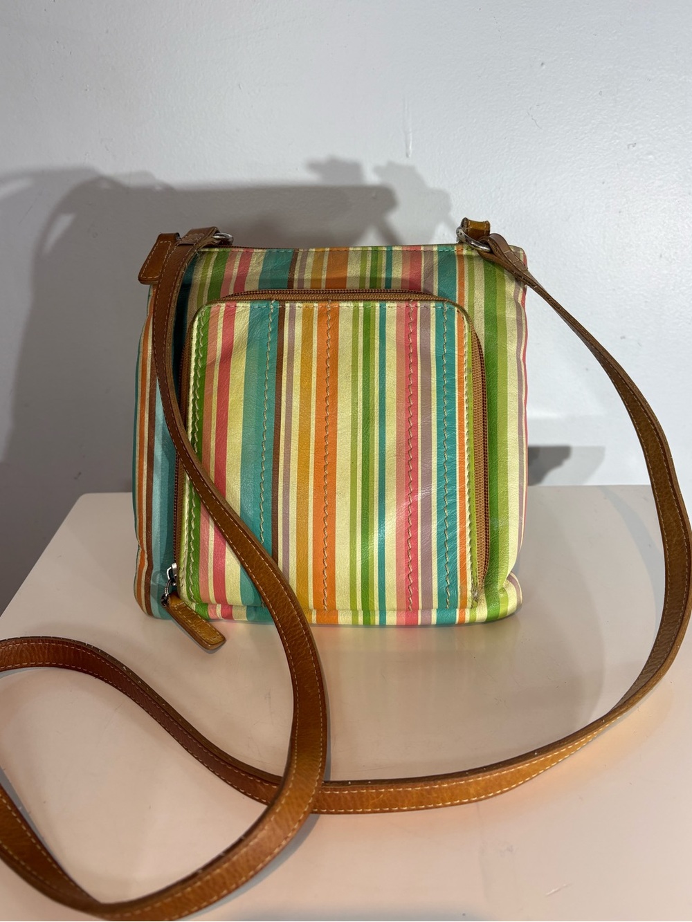 Vintage Fossil Multicolor Stripe Leather Trim Organizer Crossbody Bag